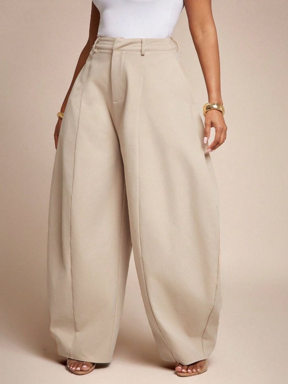 Apricot Elegant Women's Seam Detail High Waist Barrel Leg Office Pants - Picture 1 of 5